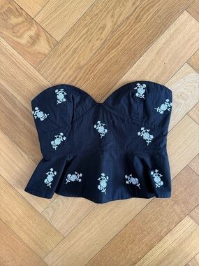 Zara Strapless Black Peplum Top with White Floral Embroidery